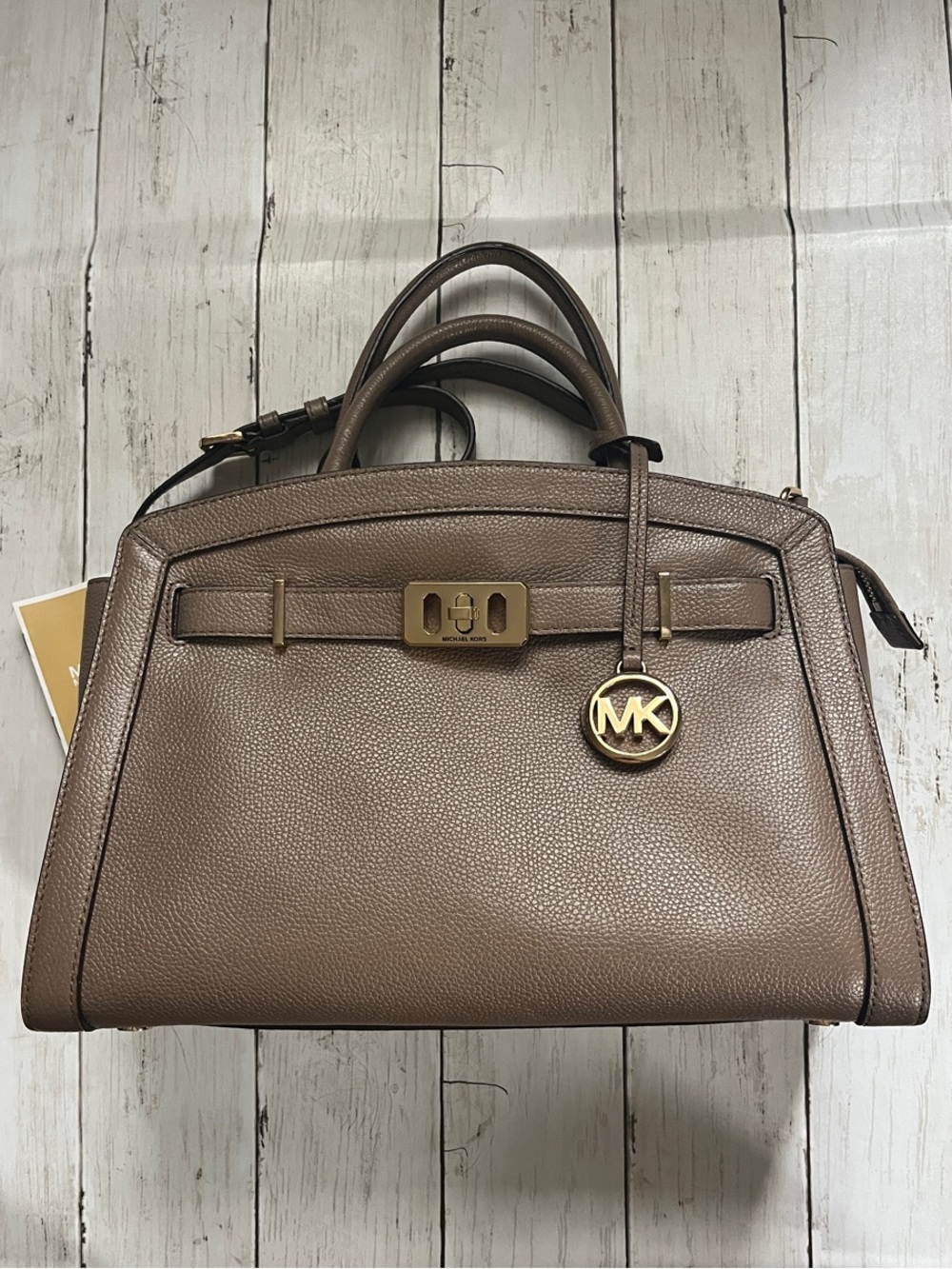 Michael Kors Taupe Pebble Leather Satchel with Gold Hardware